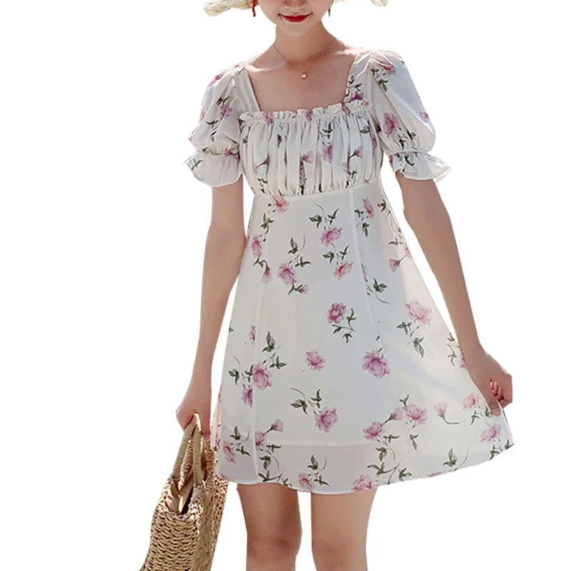Винтажное эластичное платье с пышными рукавами, летнее платье с оборками и квадратным вырезом, праздничное пляжное платье с цветочным рисунком, элегантное женское платье