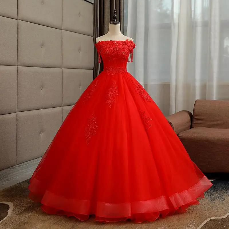 Black Off Shoulder Ball Gown New Quinceanera Dresses Elegant Boat Neck Lace Embroidery Beading Plus Size Prom Dresses L - Color: Red