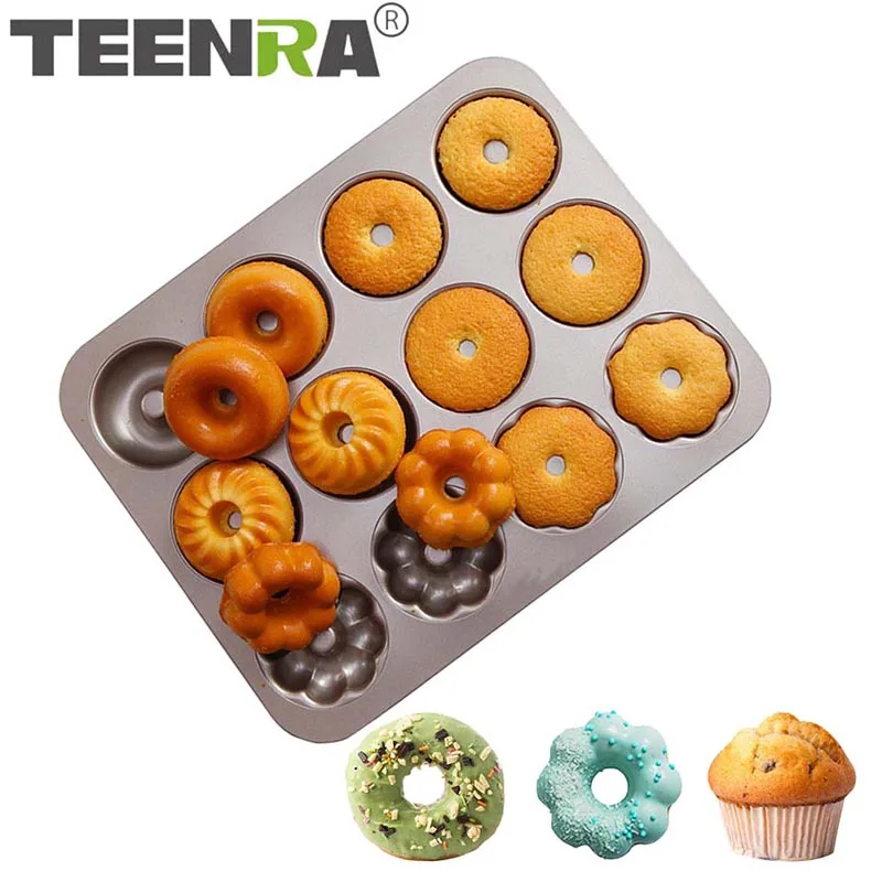 

TEENRA Non-stick Carbon Steel Donuts Mold Pan 12 Holes Cupcake Mold Cake Pan Baking Mold Muffin Baking Form Bakeware Tools