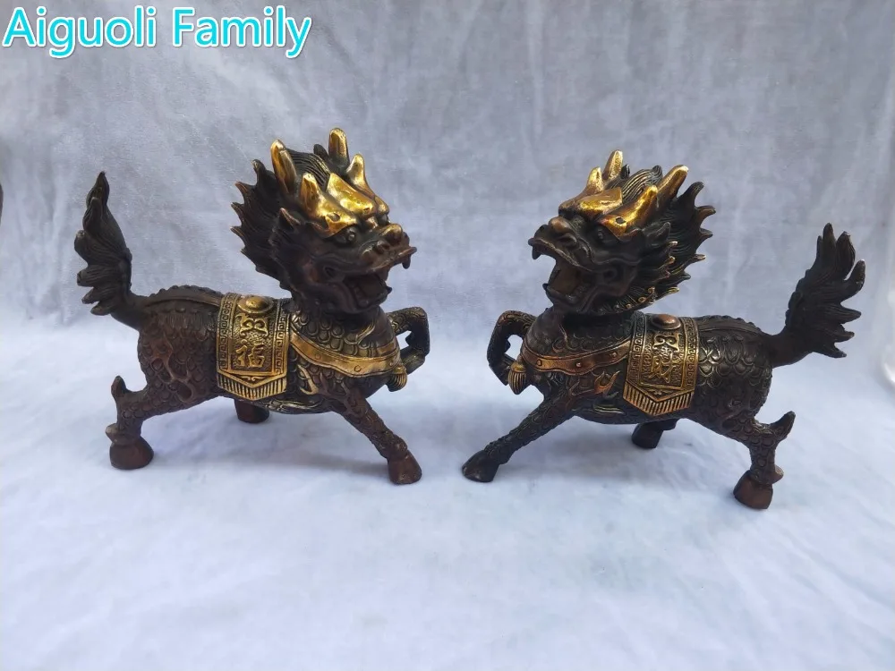 

Home Decoration Animal Sculpture/Art Collection Metal Crafts,1 Pair Chinese Old Bronze Gilt Big Kirin Statue