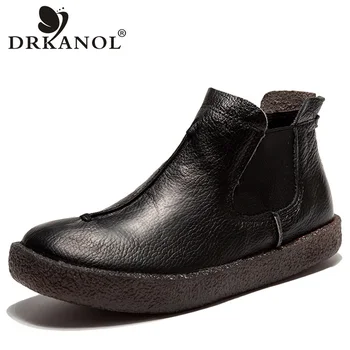 

DRKANOL Autumn Women Ankle Boots Vintage Genuine Leather Slip On Women Boots Soft Cowhide Short Boots Flat Casual Shoes Women