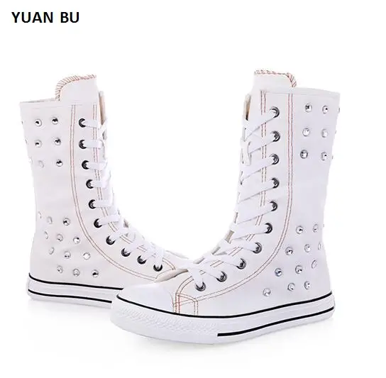 

Women Crystal Boots 2018 New Spring and Summer Short Canister Front Tie Side Zipper Canvas Mid-Calf Shoe Casual Flat with Shoes