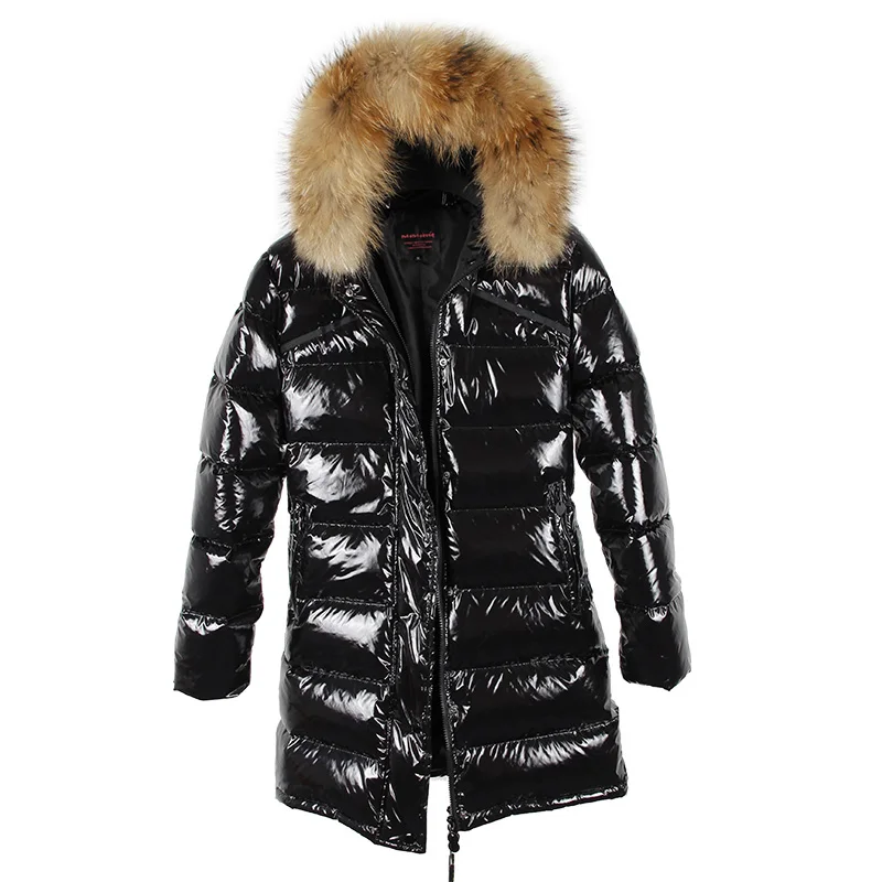 Зимняя куртка для женщин, пальто с натуральным мехом, парки с подкладкой из утиного пуха, пальто с воротником из натурального меха енота, теплая черная уличная одежда