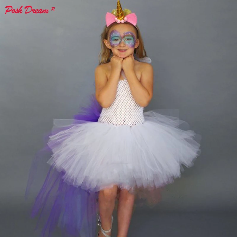 

POSH DREAM White and Colorful Unicorn Bustle Kids Girls Tutu Dress Birthday Halloween Costume Kids Unicorn Cosplay Party Clothes