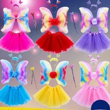Детское сказочное платье принцессы с крыльями бабочки, повязка на голову, юбка-пачка, костюм для дней рождения и вечеринок, маскарадное платье