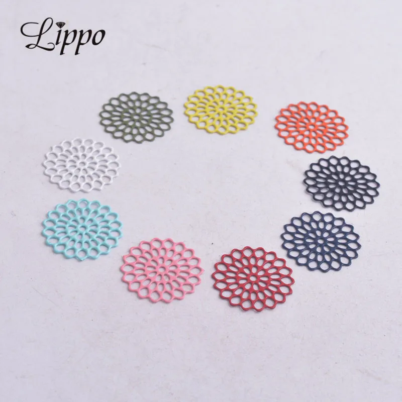

100pcs AC5221 16mm Painted Prints Round Charms Hollow Out Flowers Connector Pendants