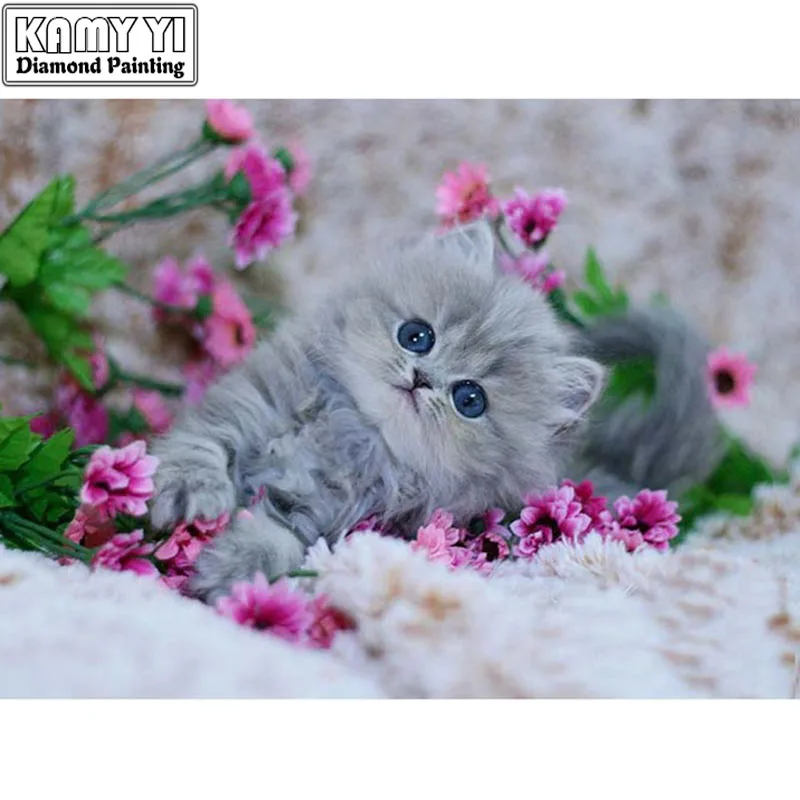 

5D DIY Diamond mosaic diamond embroidery cute Cat and pink flowers embroidered Cross Stitch Home decoration Gift