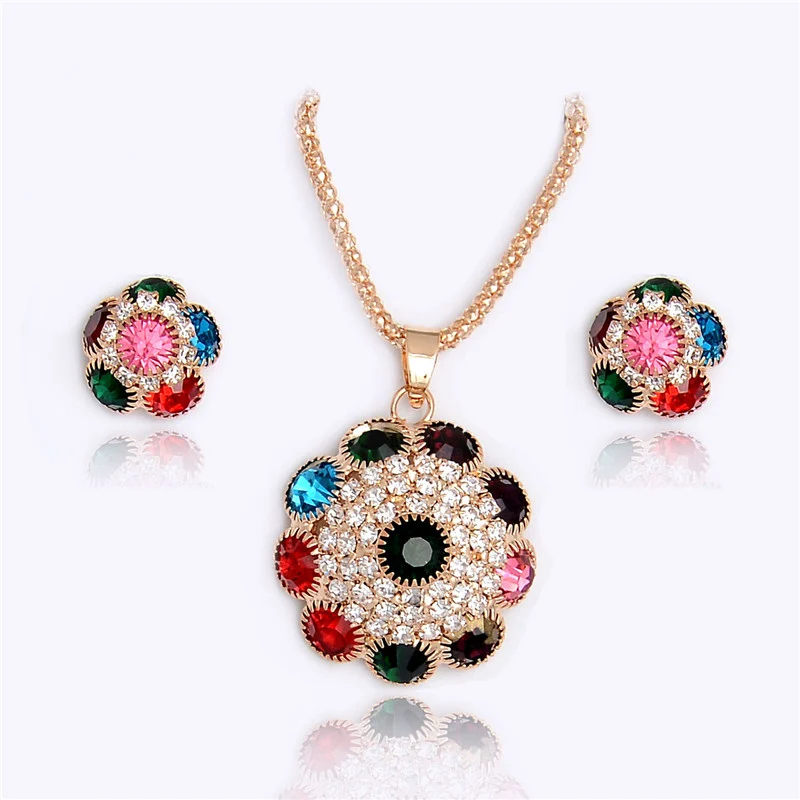 

MISANANRYNE Multi-colors Rhinestone Crystal Flower Necklace Earrings sets Jewelry Set Party Costume Bijouterie For Women
