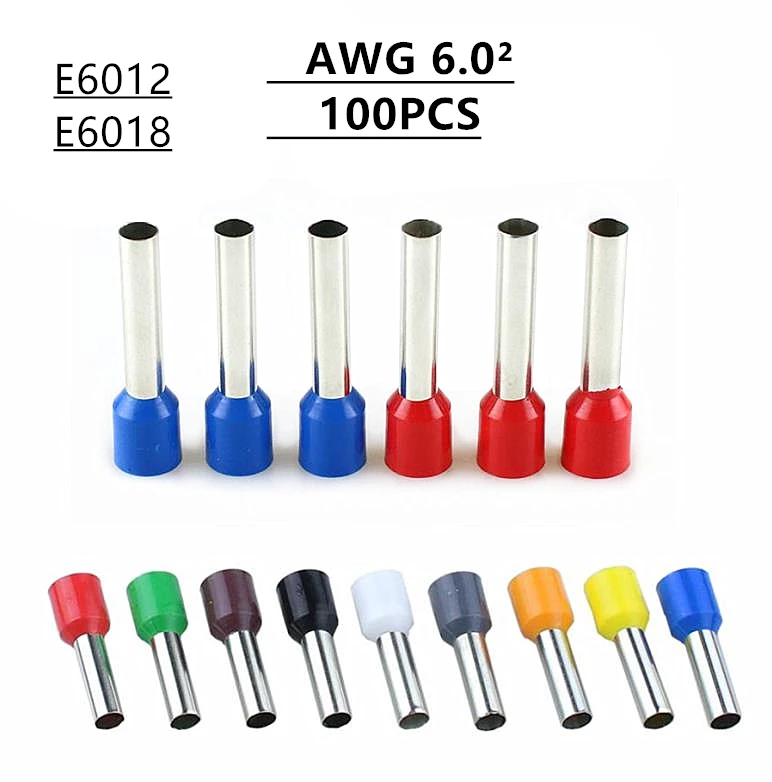 

100pcs E6012 E6018 Insulated Ferrules Terminal Block Cord End Wire Connector 6.0mm2, Crimp Terminator