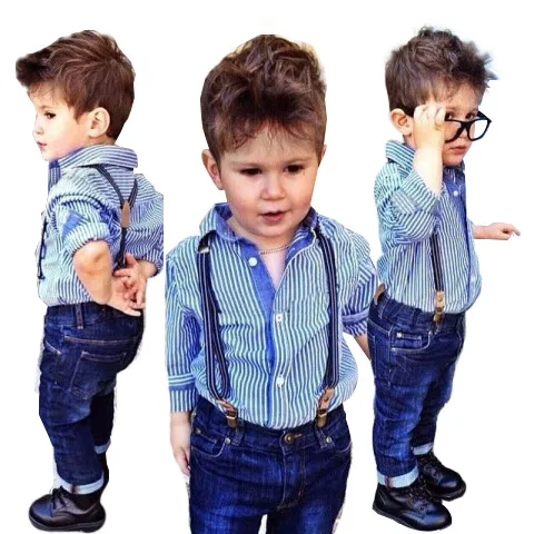 

2018 Brand Summer Boys Clothing Sets Long Sleeve Striped T-Shirt + Strap Jeans Children Clothing For 12M-5Years Kids Clothes Set