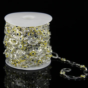 

Yellow Glass Flat Round Chains Jewelry,Evil Eye Rosary Lampwork Beads Plated Silver Oval Links Shape Chain for Chamilia Bracelet