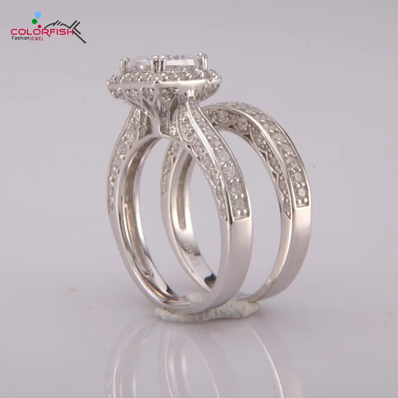 

COLORFISH 2 Pcs Solid 925 Sterling Silver Women's Wedding Ring Sets Luxury Jewelry 1.6 ct Princess AAA CZ Halo Engagement Ring