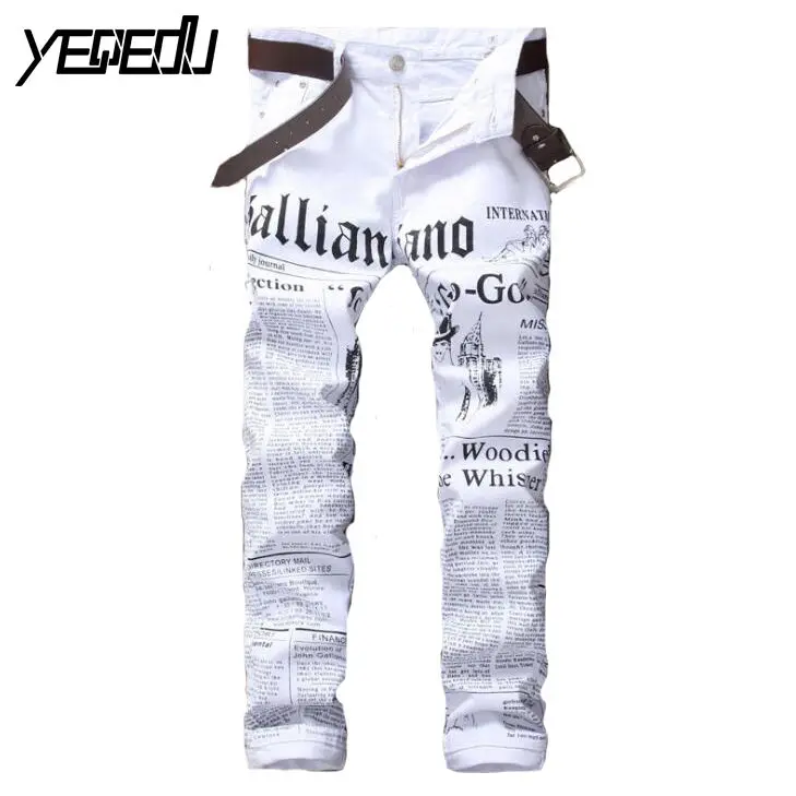 

#2740 Hot sell Mens printed jeans Fashion Casual Skinny white jeans men Punk Motorcycle jeans men Slim fit Mens jogger jeans