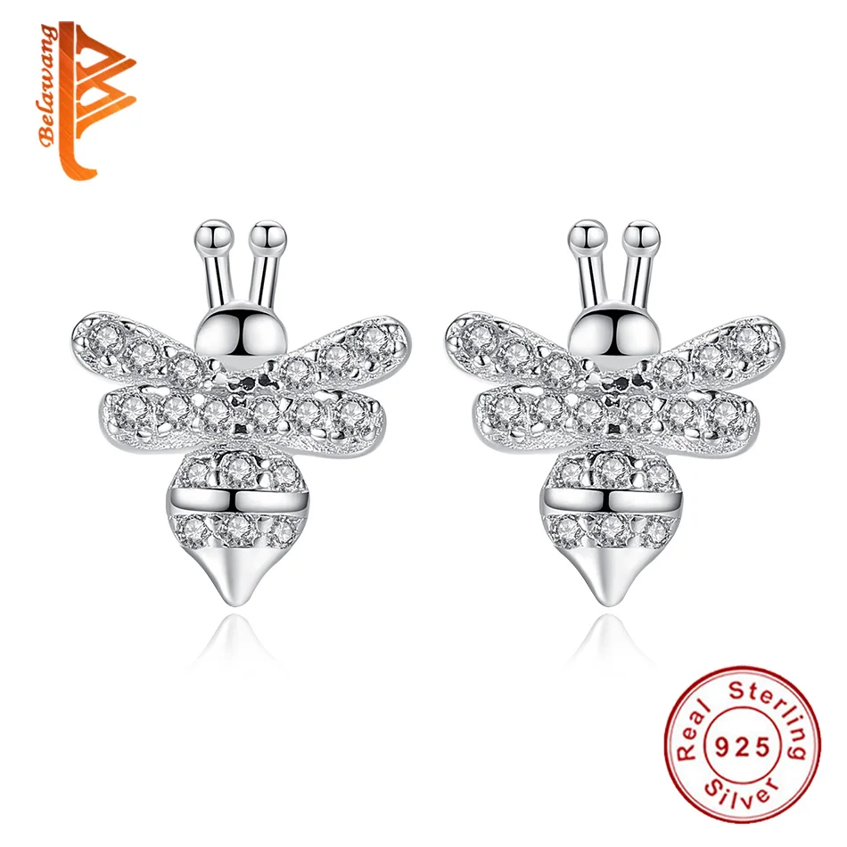 

BELAWANG Luxury Jewelry 925 Sterling Silver Stud Earrings Clear CZ Crystal Cute Honeybee Earrings for Women Birthday Gift