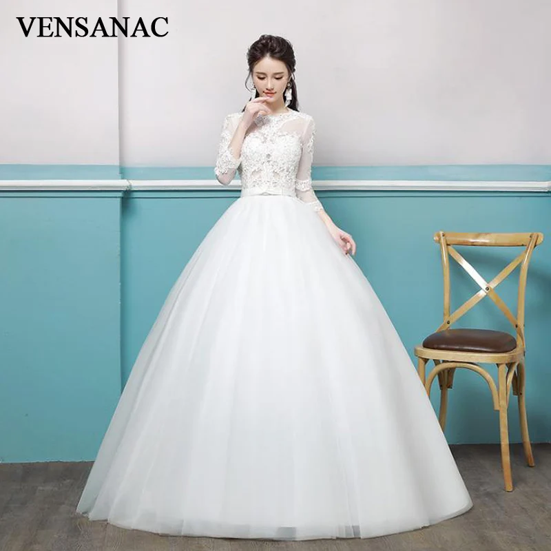 

VENSANAC Elegant Illusion Lace Appliques O Neck 2018 Pearls Ball Gown Wedding Dresses Bow Sash Open Back Bridal Gowns