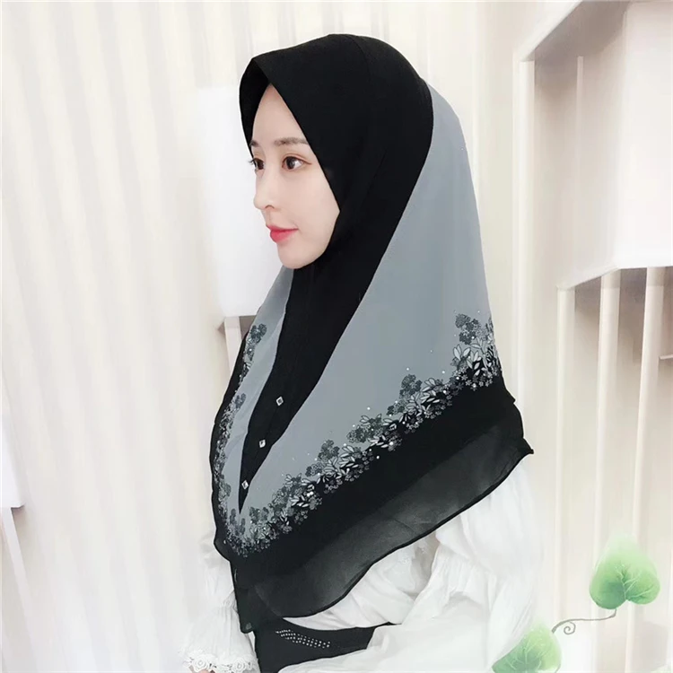 

Muslim Hijab Head Scarf Malaysia Flower Printed Chiffon Convenient Head Wear Ready To Wear Instant Female Islamic Warp Shwal