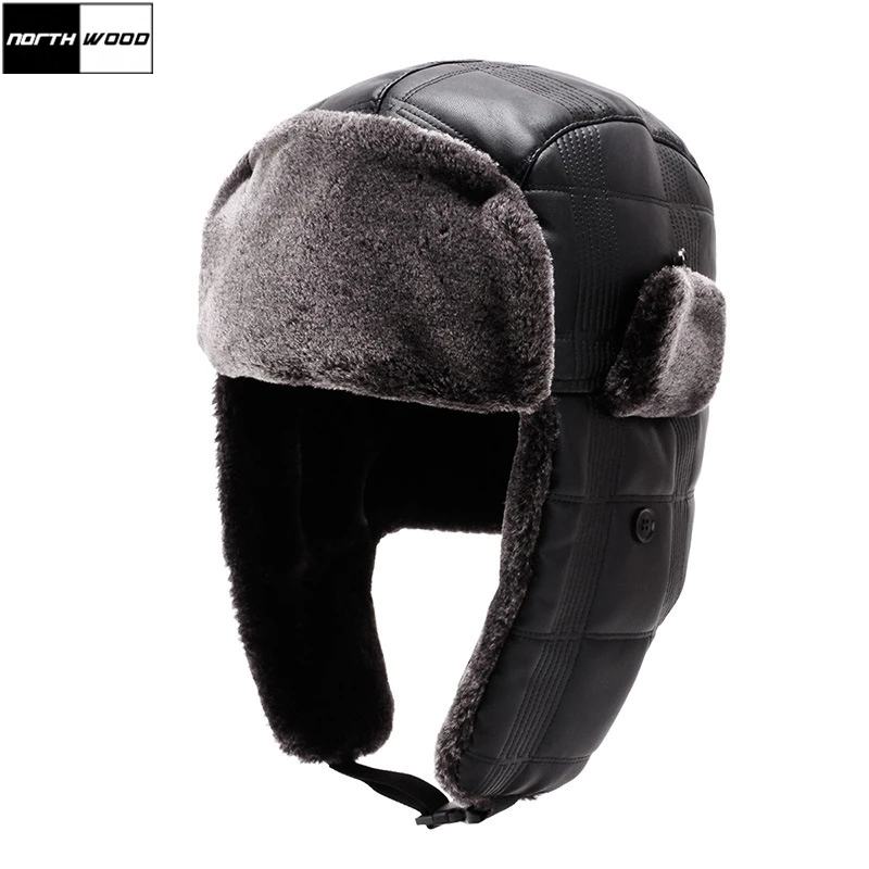 [NORTHWOOD] High Quality Mens Pu Leather Winter Bomber Hat With Ear