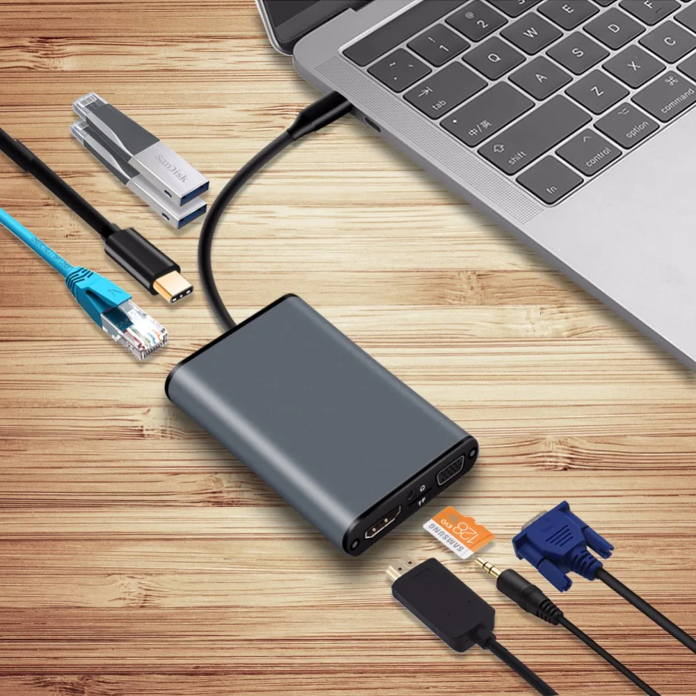 YOJOCK USB-C концентратор адаптер с HDMI 4K 30 Гц, VGA, аудио разъем, Ethernet RJ45, USB 3,0, слот для карт TF, type-C PD порт для Macbook Pro