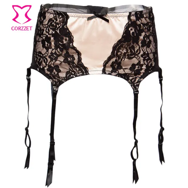Beige Satin And Black Floral Lace High Waist Sexy Garter Belt Stockings Suspenders Garters For