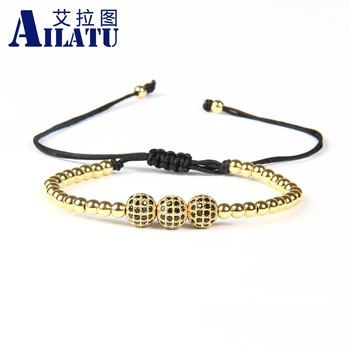 

Ailatu 10pcs/lot High Quality 8mm Black Cz Micro Paved 3 Ball Beads Macrame Bracelet High Grade Jewelry for Party Gift