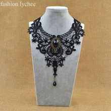 fashion lychee Gothic Punk Style Gem Rhinestone Women Black Lace Beads Choker Necklace Vintage Collar Choker