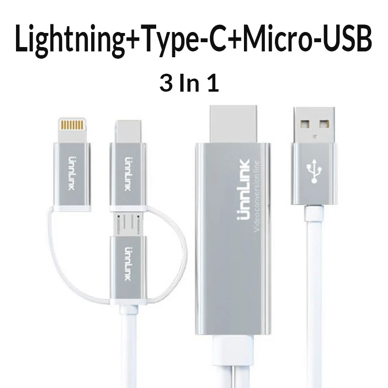 Unnlink USB к HDMI зеркальный литой кабель для преобразования с аудио MHL для iPhone iPad освещение Android телефон Micro usb type C к HDMI - Цвет: For Android Apple