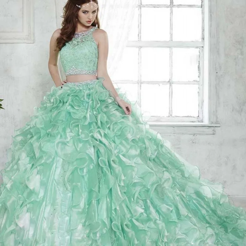 Mint Green Lace 2 Piece Quinceanera Dresses Beads Illusion Neckline