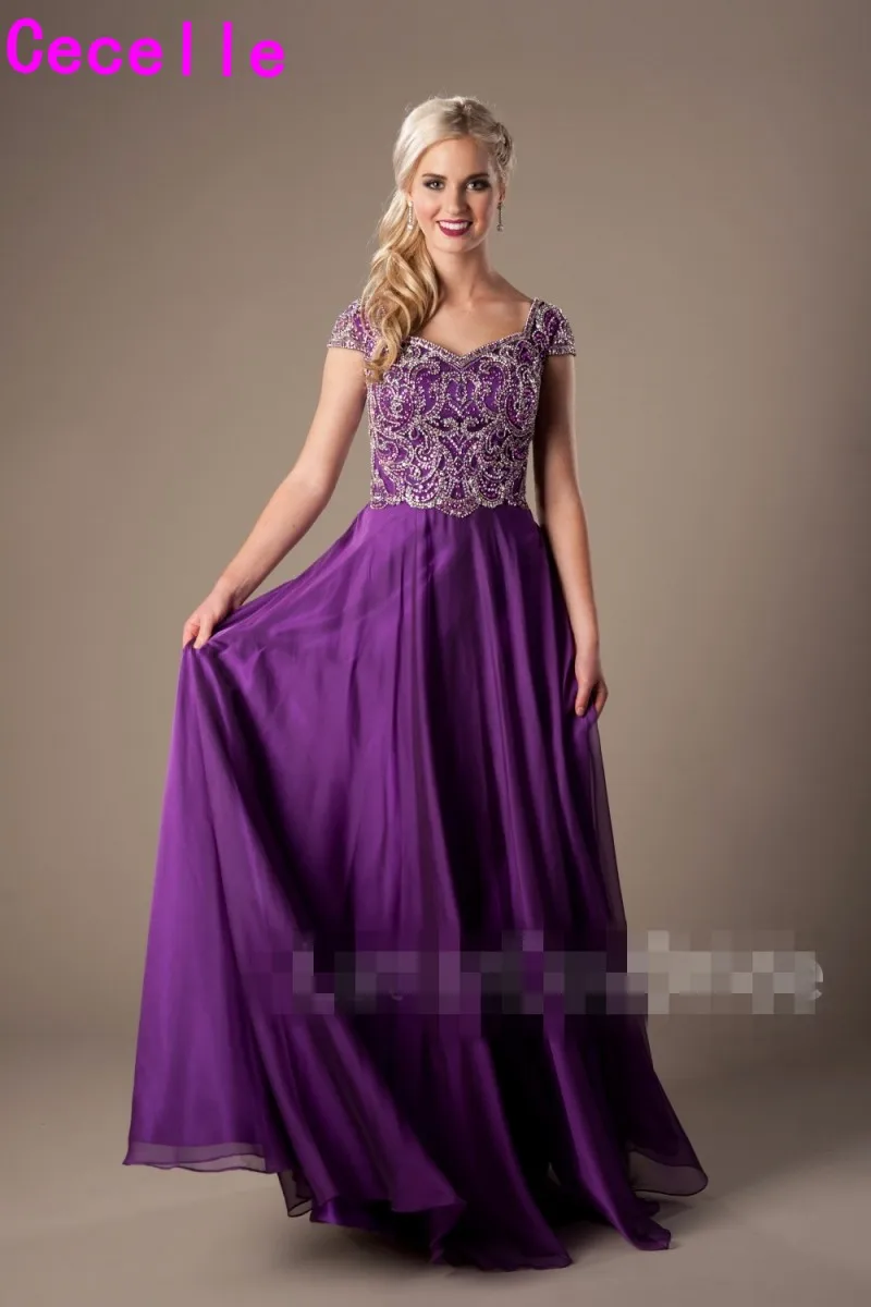 Sparkly Heavily Beaded Purple Long Modest Prom Dresses With Cap Sleeves