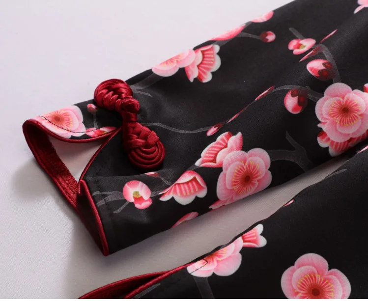 SHENG COCO S-4XL Plus Size Black Flowers Qipao Blouse Satin Traditional Chinese Style Cheongsam Shirts Plum Printing Qipao Top