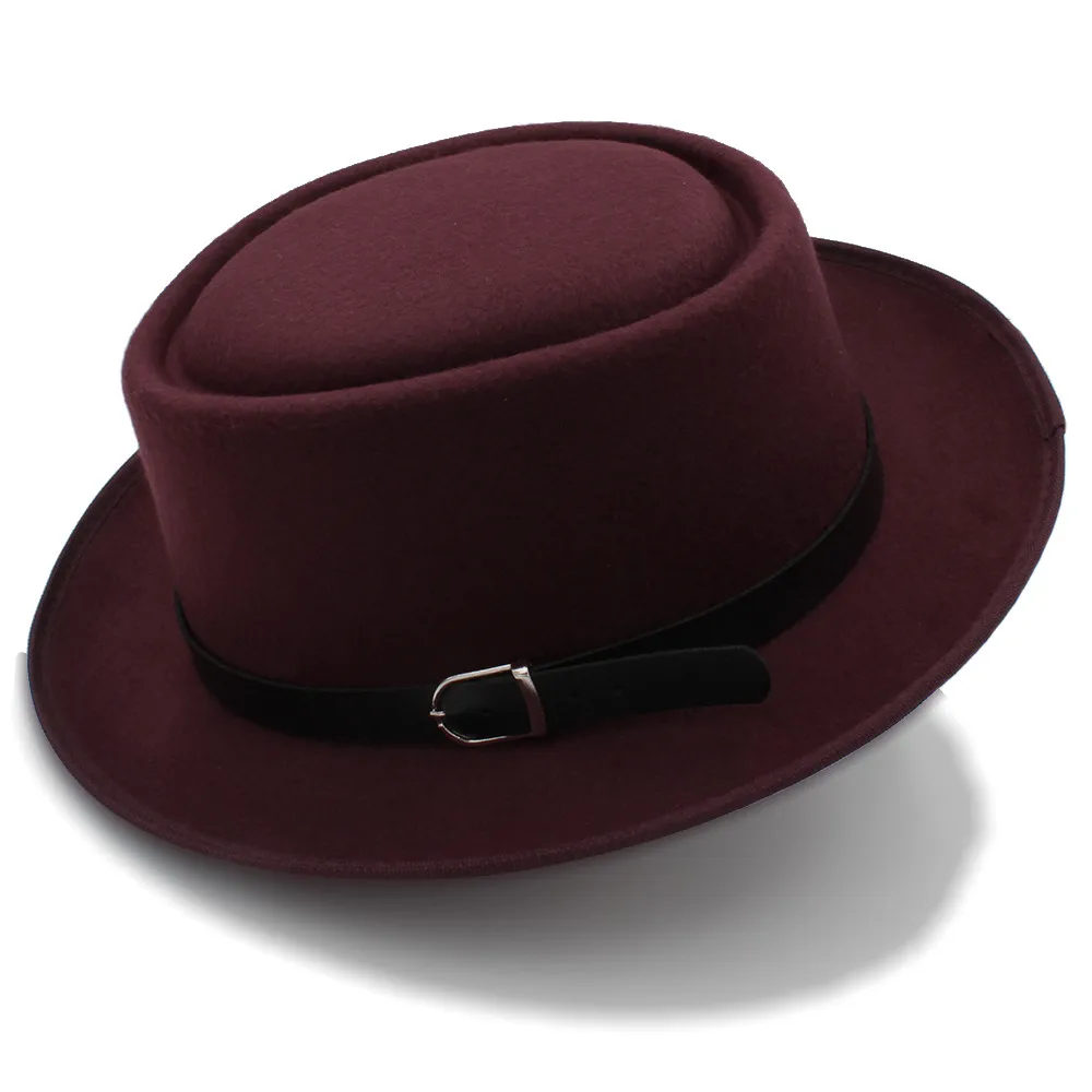 Шляпа-пирожок для женщин с модной кожей для папы шерсть плоская фетровая шляпа для леди Gambler мягкая фетровая шляпа размер 58 см