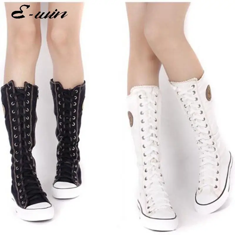 Nuevas Mujeres de Botas de Lona Atan para Arriba La Rodilla Botas Altas de  Las Mujeres motocicleta Plana Tall Casual Punk Zapatos de Mujer  Antideslizante Cremallera Lateral zapato|punk shoes|punk shoes womenshoes  woman -