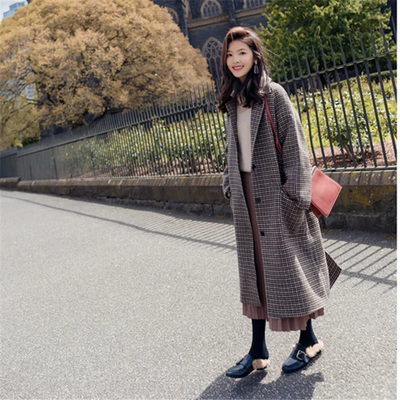 Vintage Houndstooth Elegant Plaid Womens Coats Winter Slim
