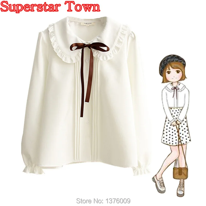 Prix Blanc Femmes Chemisier Harajuku À Manches Longues Élégant Noeud De Ruban À Volants Femmes Basique Mignon Doux Lolita Chemise Mori Fille