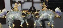 15″ Marked China 100% Cloisonne Enamel 24K Gold Boy Ride kylin Lion Pair Statue Marked Enamel Decoration 100% Brass Bronze