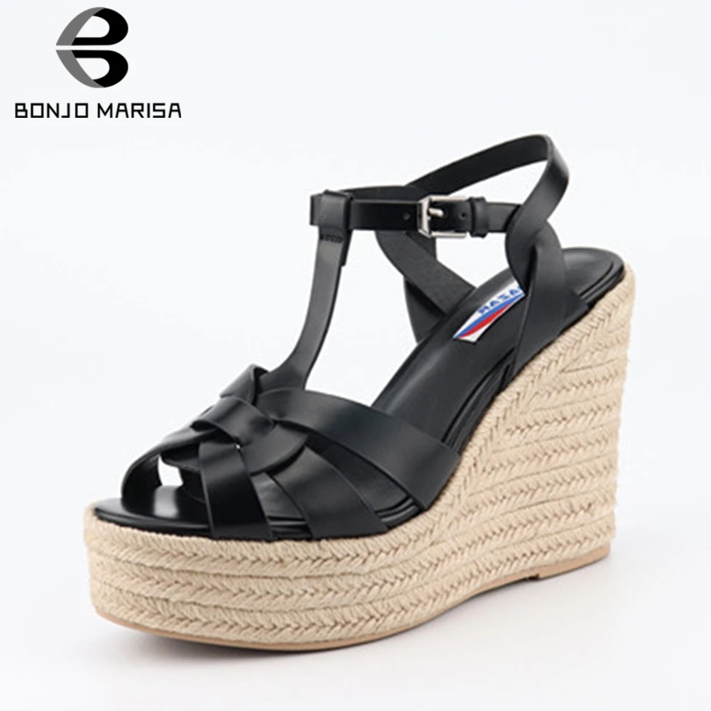 

BONJOMARISA 2019 New T-Strap High Heels Sandals Shoes Women Summer Platform Ladies Pumps Women Wedges Shoes Woman Size 35-41