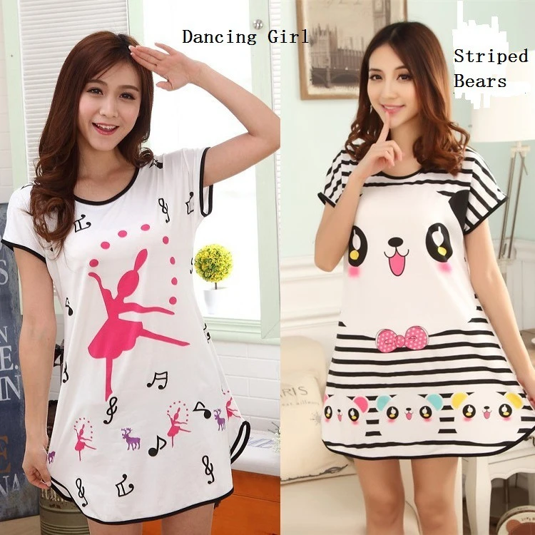 2 Ready Stock Women Pajamas Sleepwear Night Shirt Nightgown Sleep Dress Milk Silk Cartoon Short Sleeve Sleepshirts Home Clothes