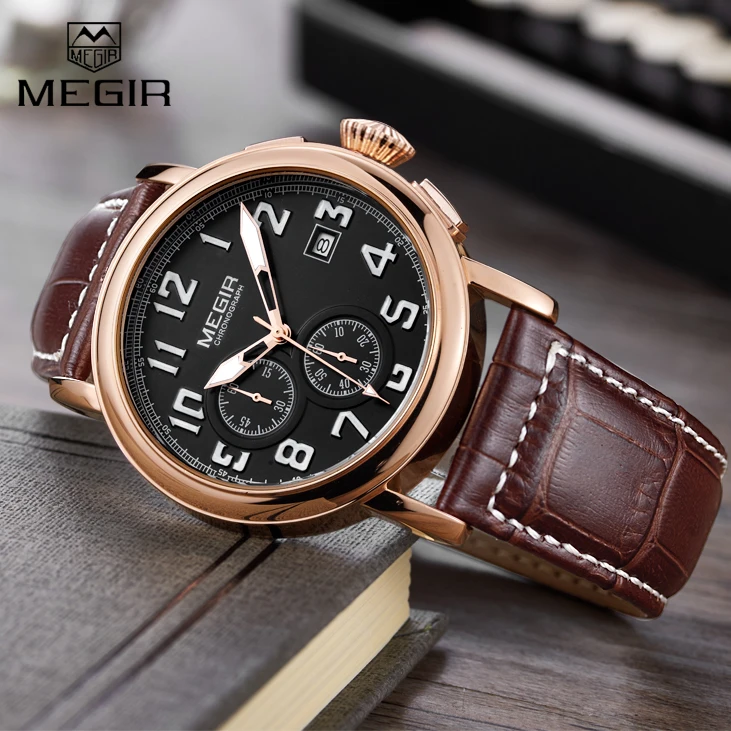 

Top Brand Megir Fashion Mens Chronograph Men Leather Sports Quartz Watches Male Luminous Military Wrist Watch Relogios Masculino