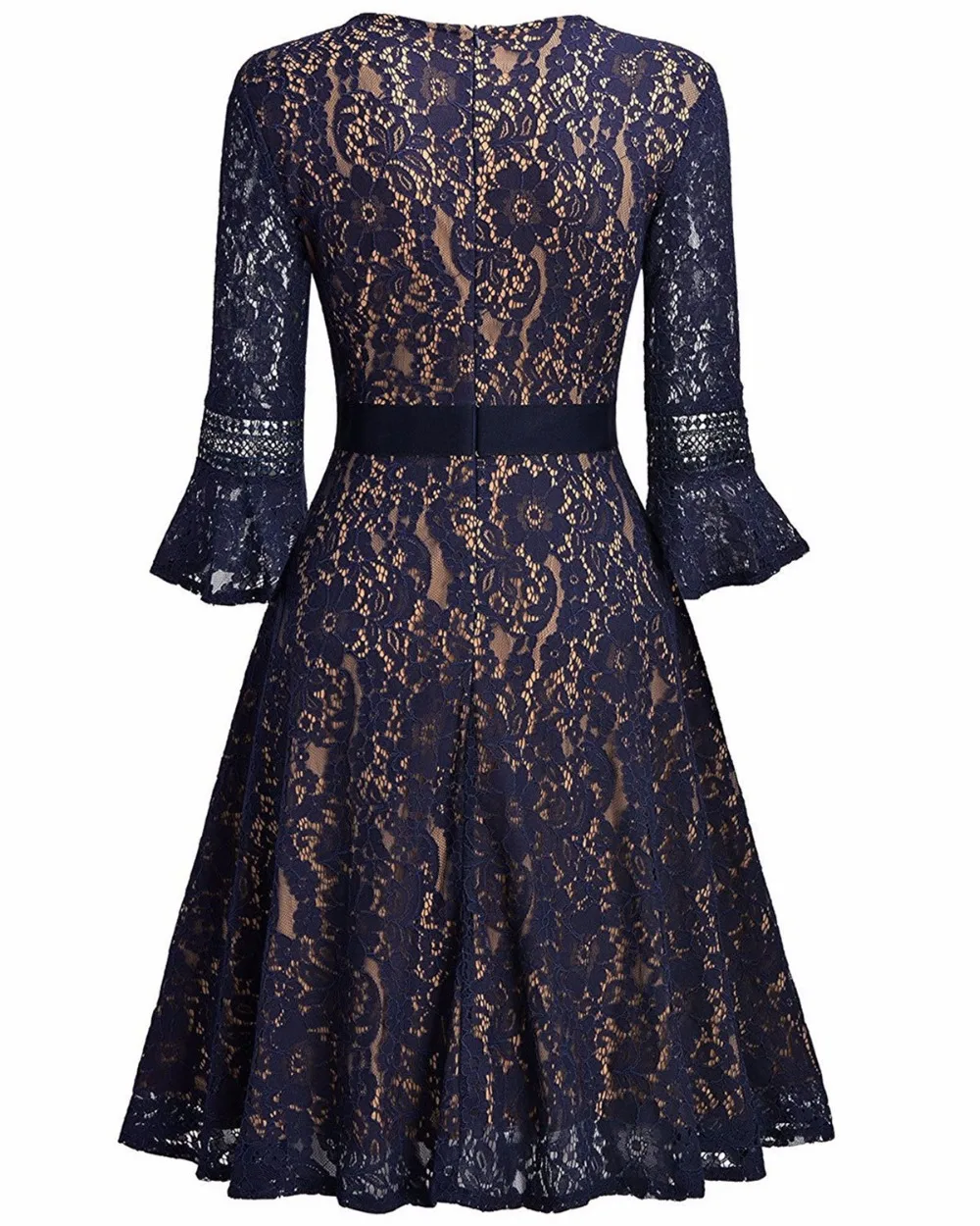 Женское винтажное платье трапециевидной формы с длинными кружевными контрастными расклешенными рукавами, вечерние платья, Vestido de festa