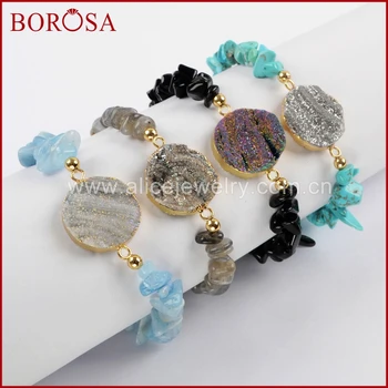 

BOROSA 5PCS New Gold Color Round Titanium Rainbow Galaxy With Multi Stones Chips Bracelet Druzy Bangle Jewelry for Women G1633