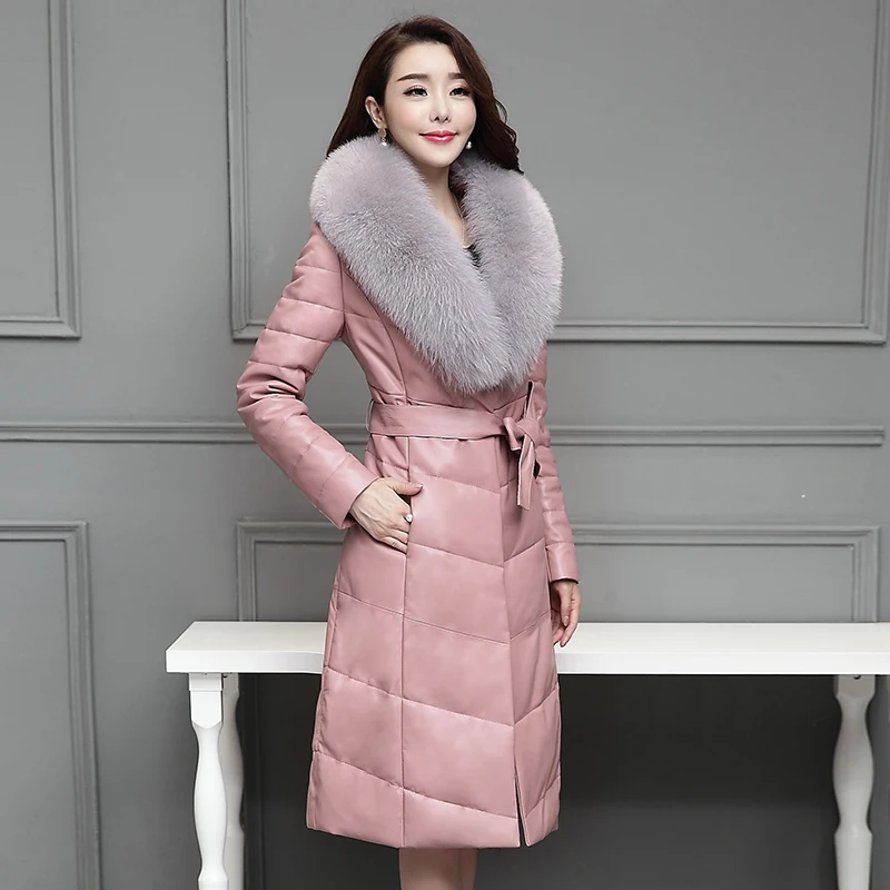 Leather suede women pink coat winter thick warm genuine sheepskin