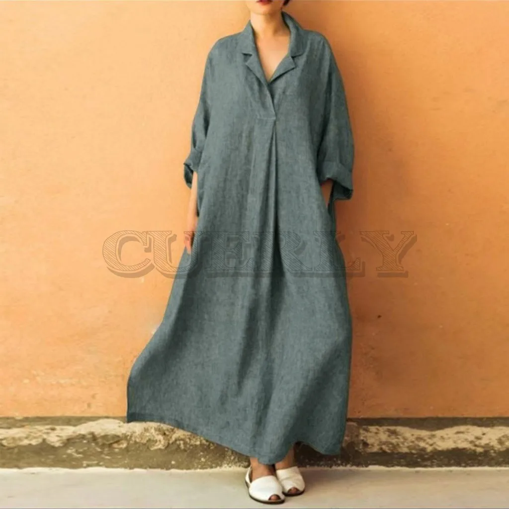 Image Bohemian Women dress Autumn summer dress Plus Size Long Sleeve V Neck Cotton and Linen Maxi Dress Ankle Length casual dress UK