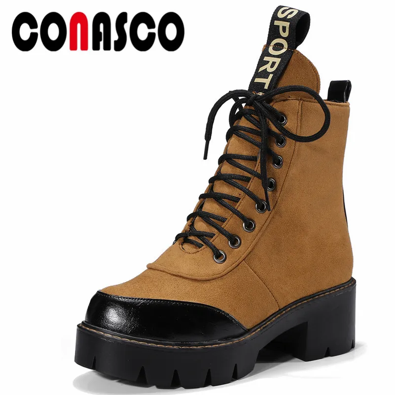 

CONASCO 1New Arrival Women Ankle Boots Autumn Winter Warm High Heels Shoes Round Toe Casual Cross-tied Top Quality Shoes Woman
