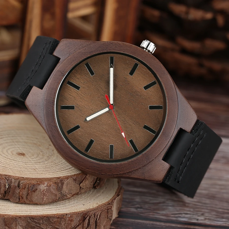 Mens Watches Wood Bamboo Minimalist Style Clock Soft Black Genuine Leather Men's Sport Casual Dress Quartz Watch Reloj de madera 2017 2018 Gifts for Men (12)