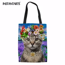 INSTANTARTS милые 3D животных кошка печати Для женщин хлопка сумки Экологичные многоразовые сумки леди Повседневное холст Бакалея сумка девушки