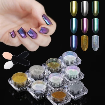

9 Boxes Chrome Powder Set Nail Art Mirror Dust Chameleon Pigment Glitter Decoration