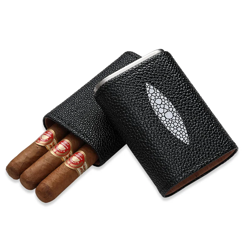 

High-end Fashion Design Gadget Excellent Black Leather Wooden Lining Portable 3 Holder Cigar Case Cigar Tube W/ Black Gift Box