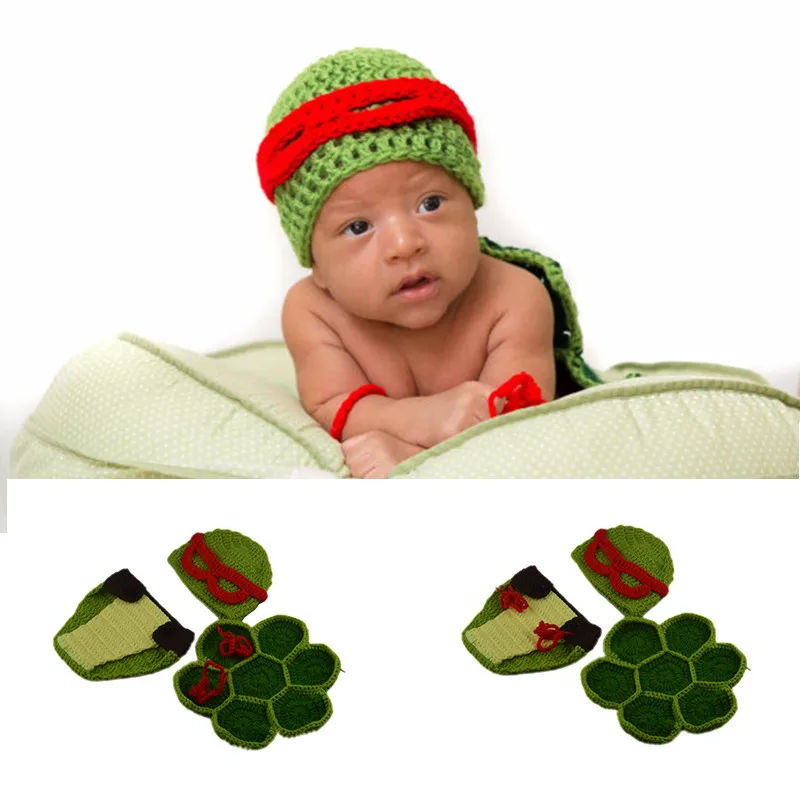 

Ninja Turtle Baby Boy Crochet Knit Costume Newborn Handmade Photography Set With Diaper Cover Hat Infant Photo Props Accessories