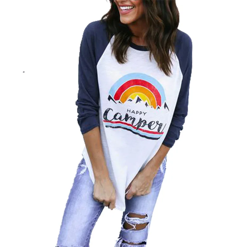 

Women T-Shirts 2017 Casual Long Raglan Sleeve O Neck Patchwork CAMPER print Loose Pullover Tee Shirt Ladies Clothes FC194