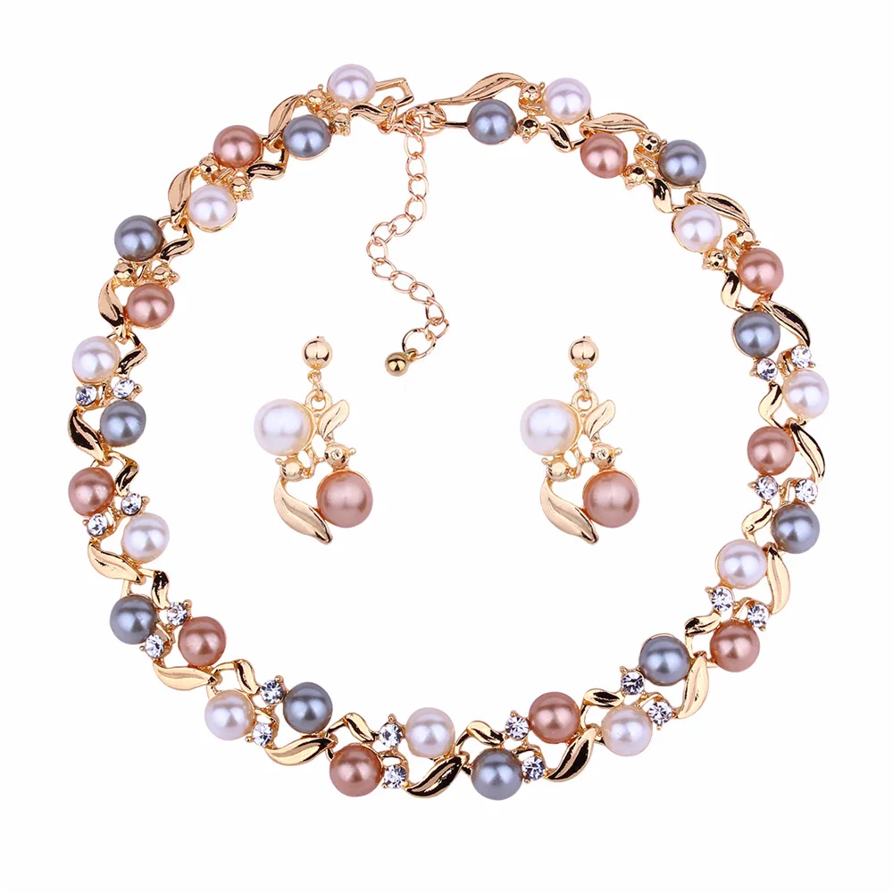 

2018 Imitation pearls Bridal Jewelry sets for Women gold Color Rhinestone Necklace earring Sets Wedding Jewelry