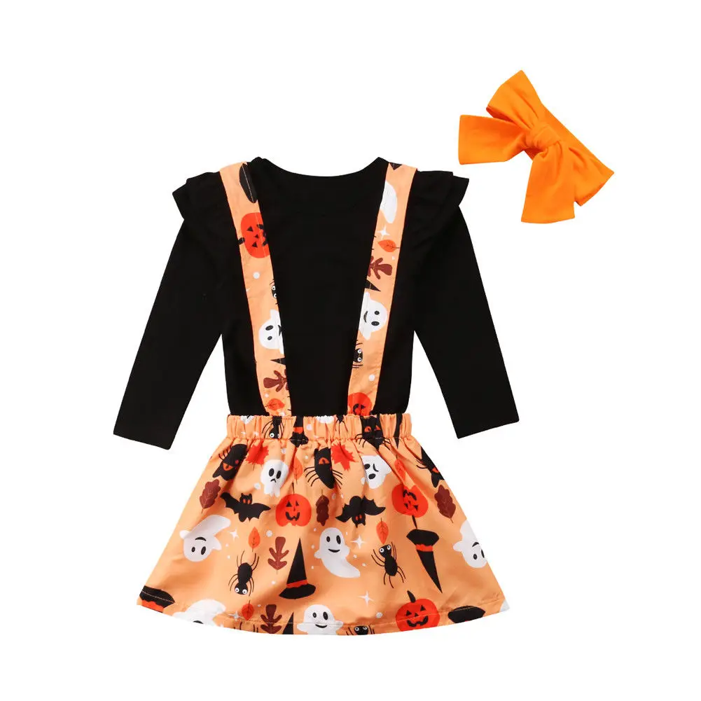 

0-5Y Toddler Kids Baby Girl Long Sleeve Black T-shirt Tops+Pumpkin Dress Bib Skirt Headband 3PCS Outfits Halloween Clothes Set